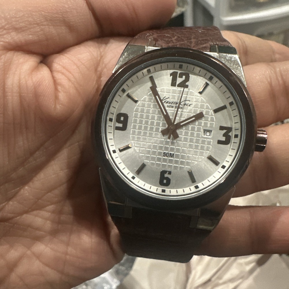 Working Kenneth Cole NY 43mm‎ Brown Leather Band Fit 8in KC-1338BNIP Mens Watch